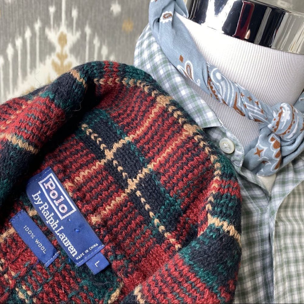 Polo Ralph Lauren Red & Green Multi Tartan Plaid Shawl Collar L/S Sweater - Picture 4 of 16